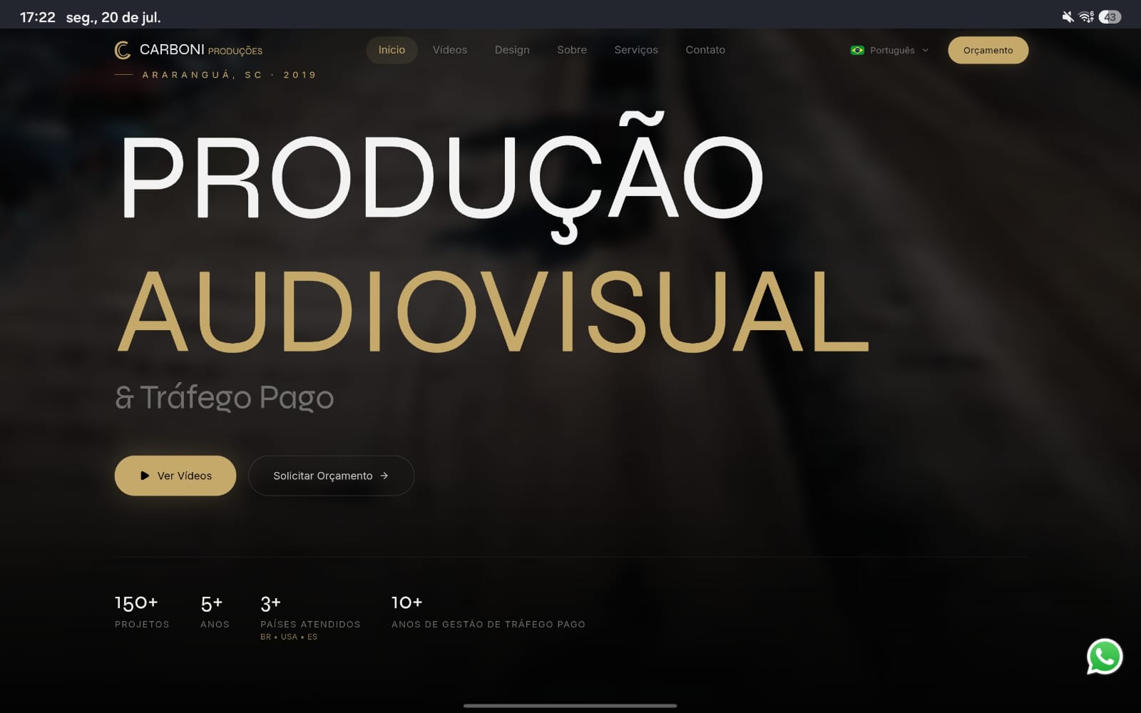 Preview do site carboniproducoes.com em tablet